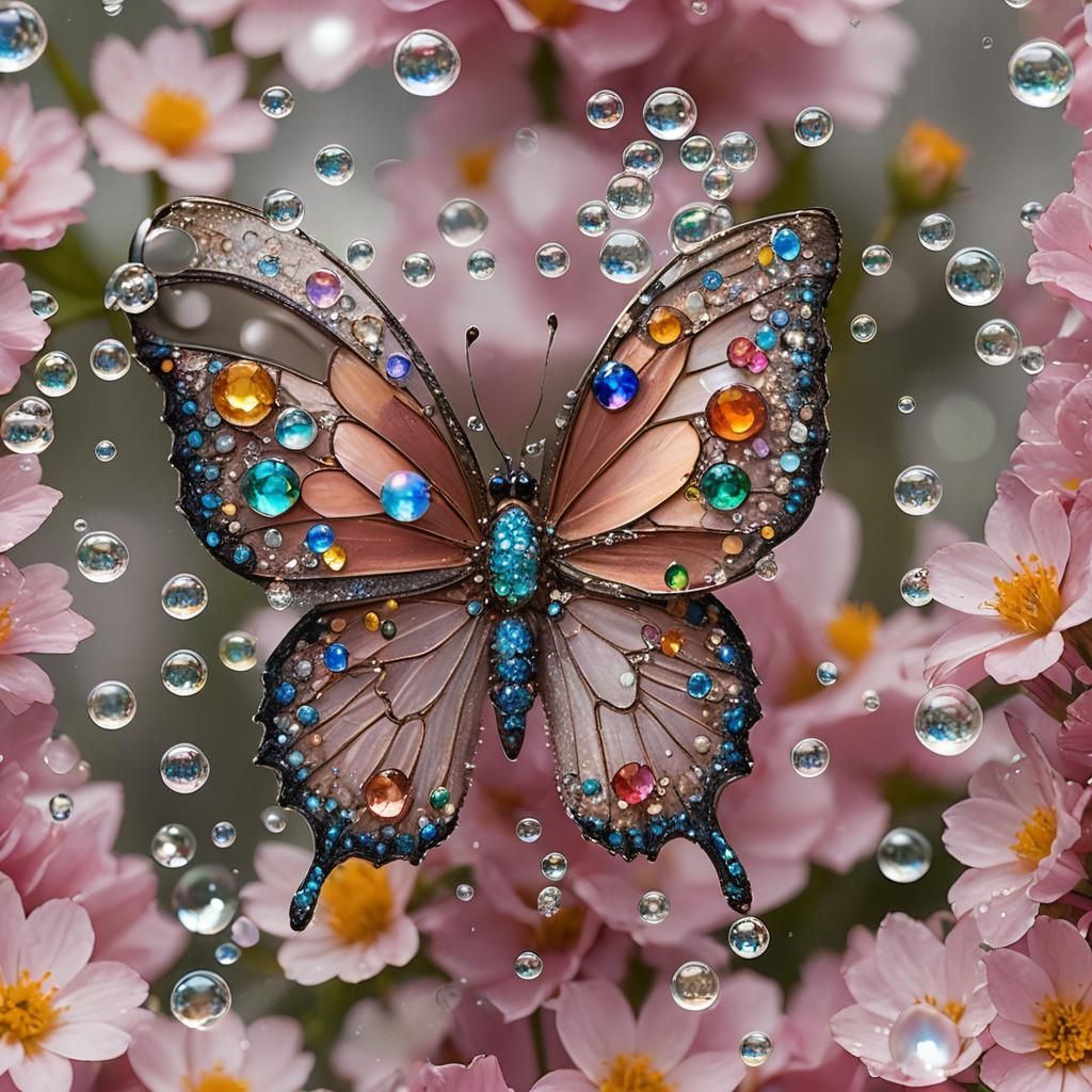Bejeweled Butterfly on Flower with Bubbles