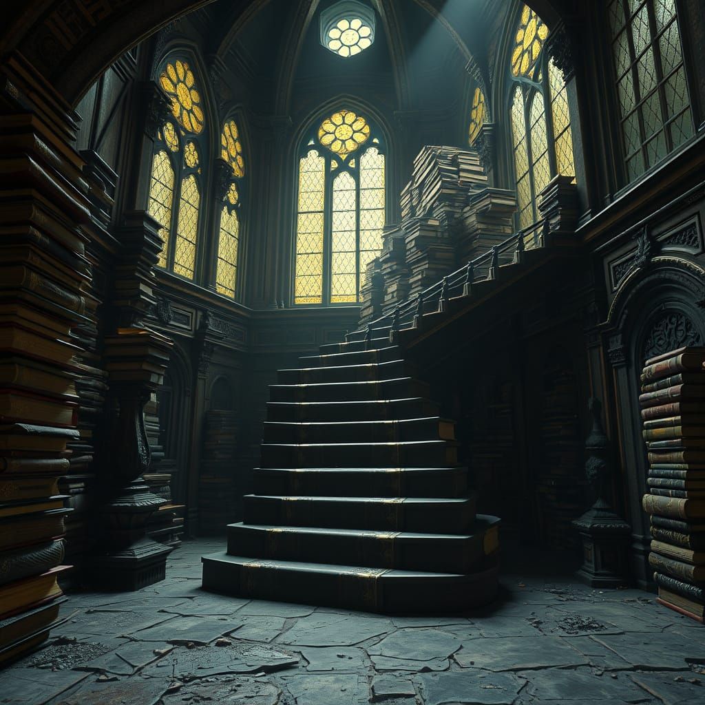 Majestic Book Staircase in a Haunted Mansion