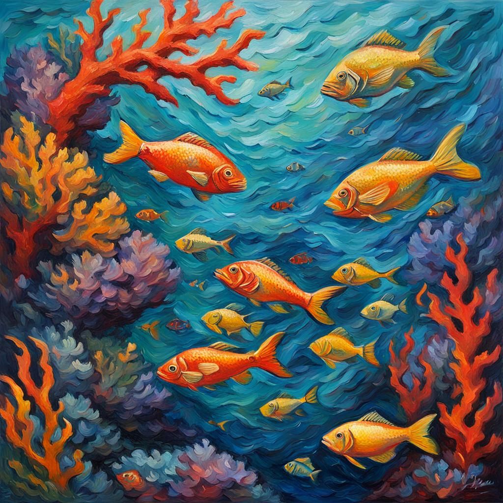 Underwater Coral Reef Fish in Expressionist Impasto Style