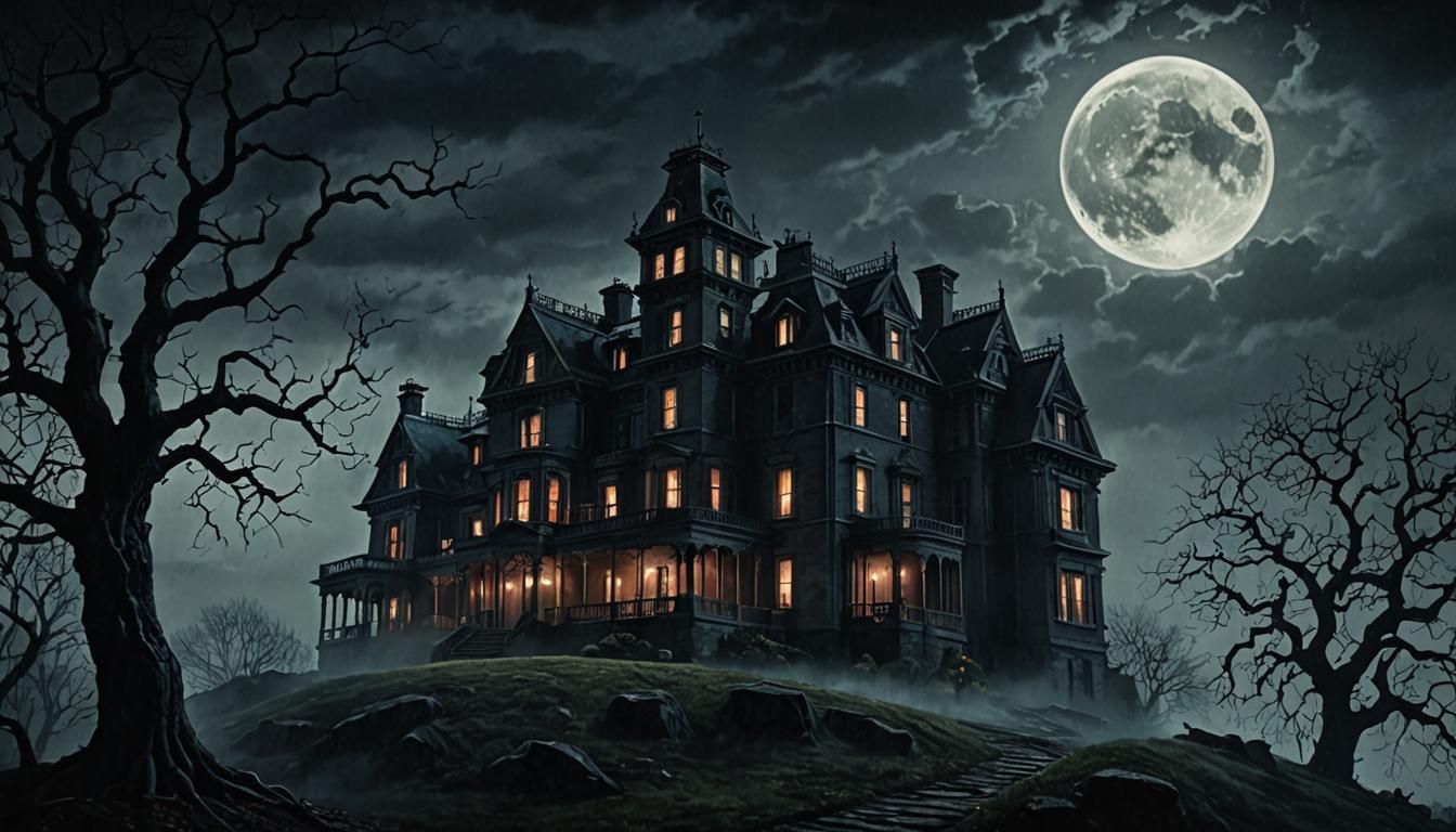 Towering Gothic Mansion Under Stormy Sky