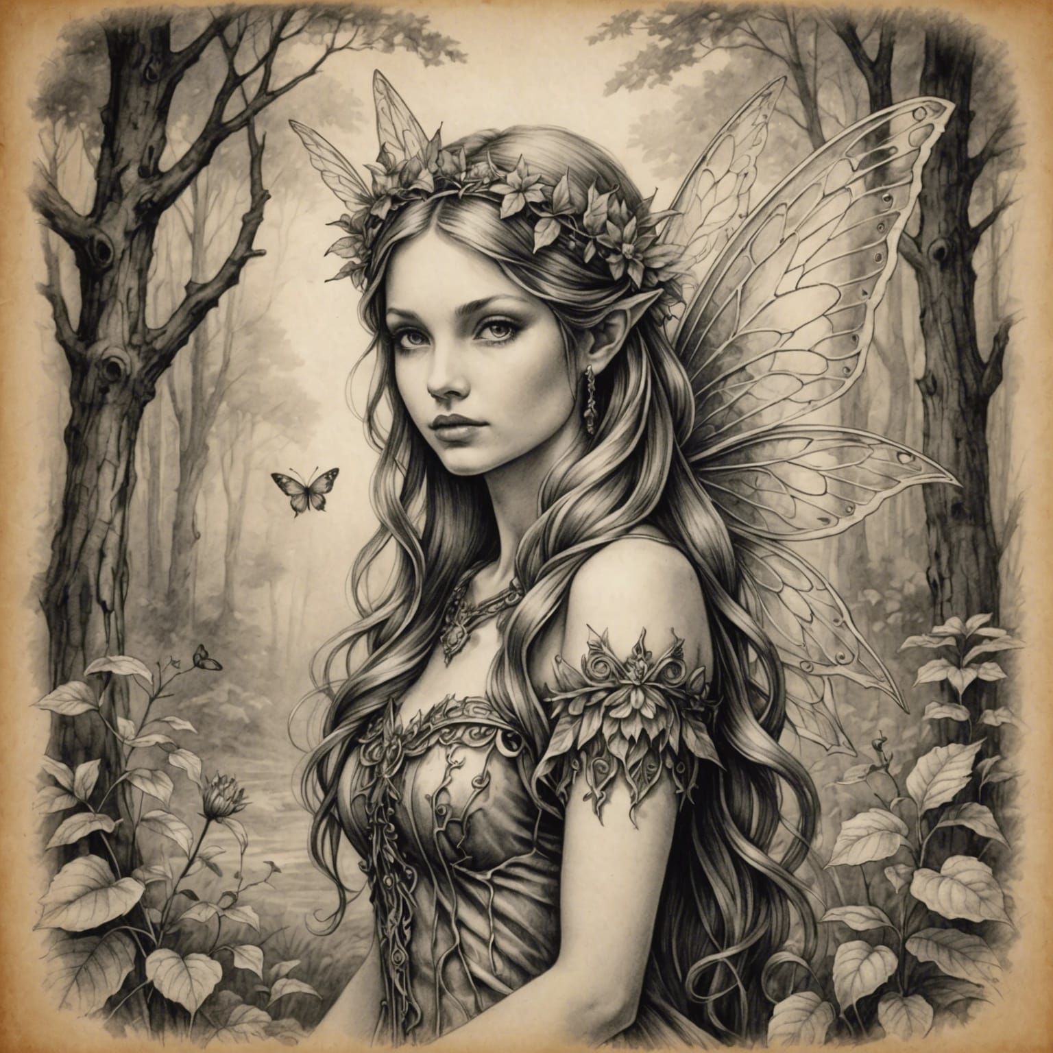 Detailed Pencil Drawing of a Fairy in Mystical Forest