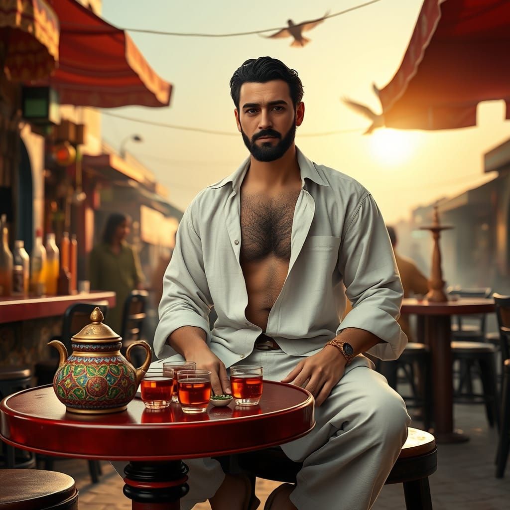 Arab Man in Souk Shisha Bar: 3D Cinematic Render