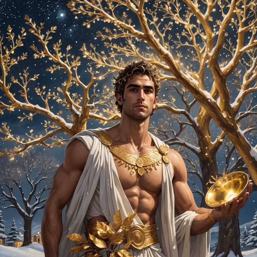 Young Greek God Plays Golden Instrument Under Starry Sky