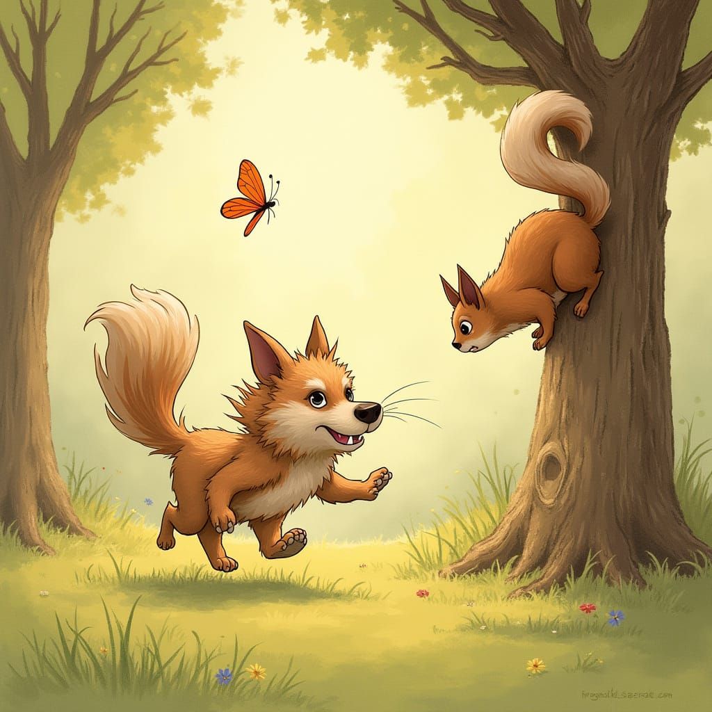 Whimsical Chase in a Sunny Woodland Scene