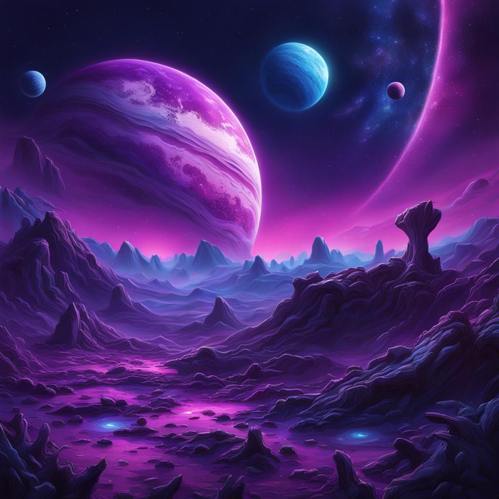 Hyperrealistic Alien Planet Night Sky with Colorful Fauna