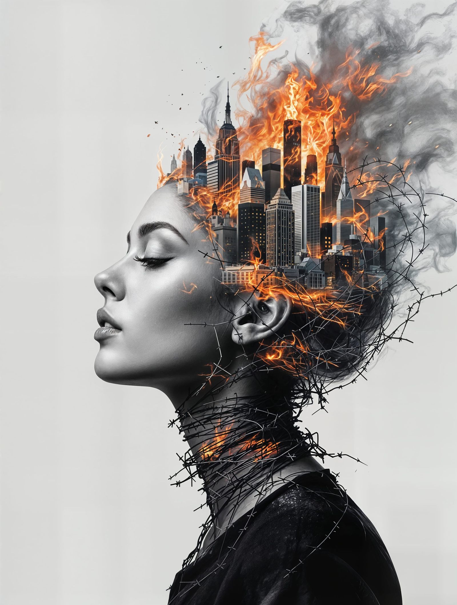 Surreal Digital Portrait of Woman with Burning Cityscape