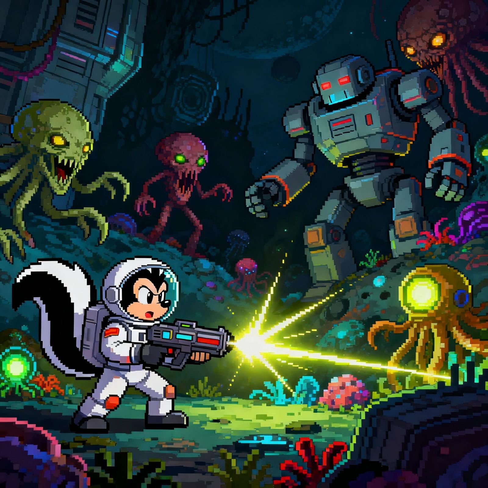 16-Bit Skunk Astronaut Fights Aliens in Retro Space Game