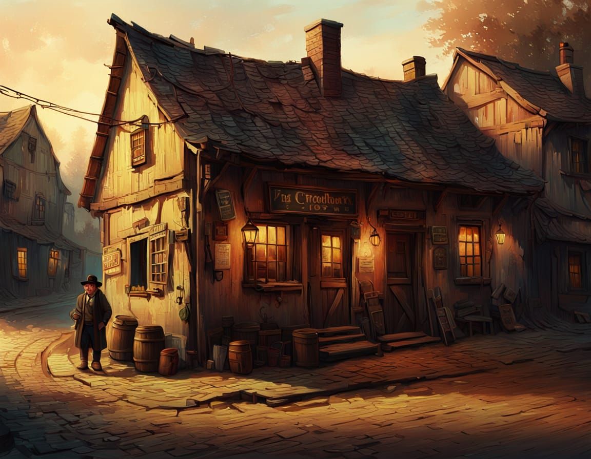 Old Tavern Scene with Drunk Patron in Warm Evening Light