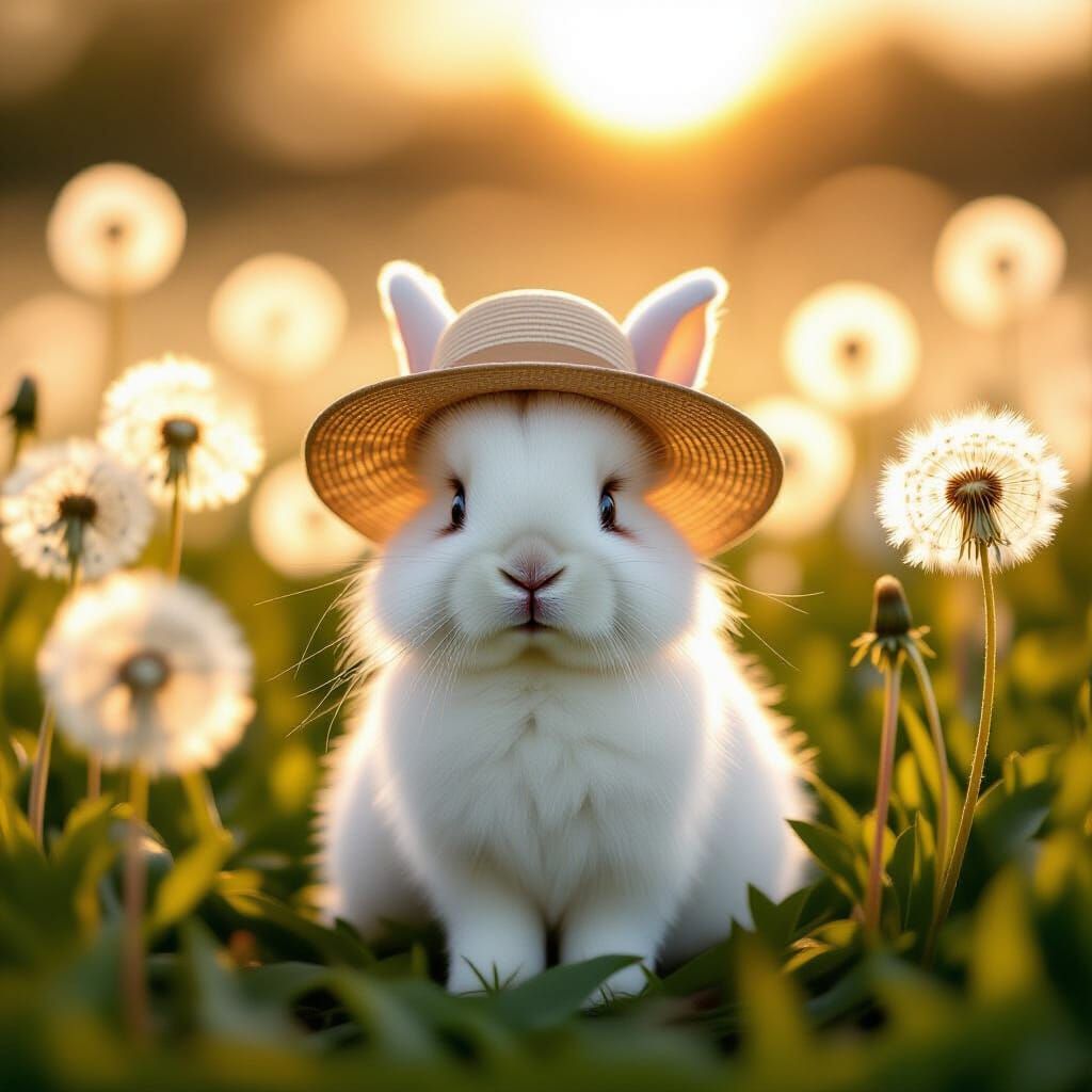 Fluffy Rabbit in Sun Hat Amidst Luminous Dandelions