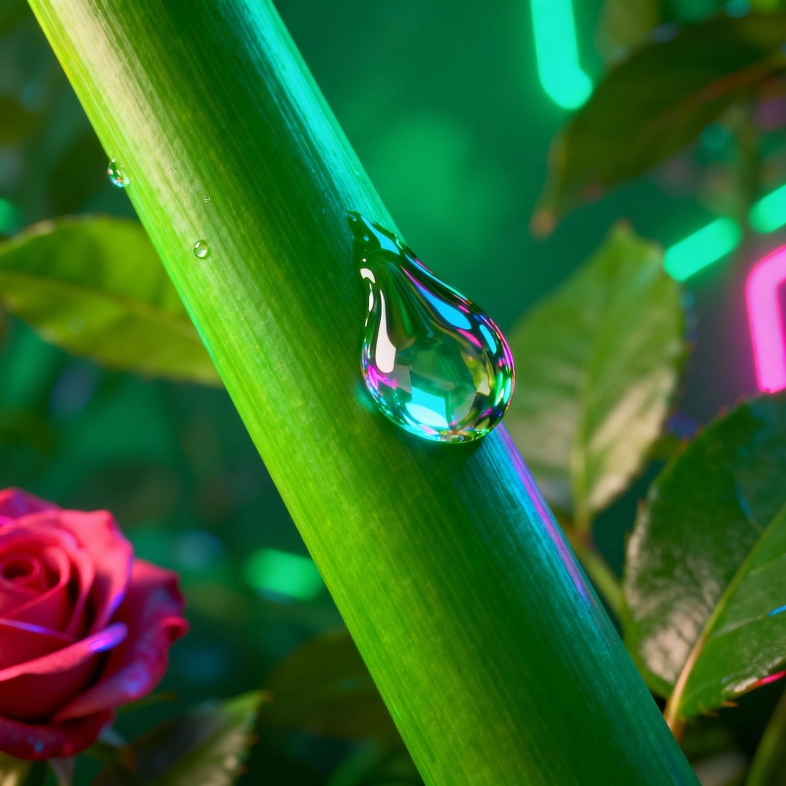 Close-up of Green Leaf Stem with Water Droplet