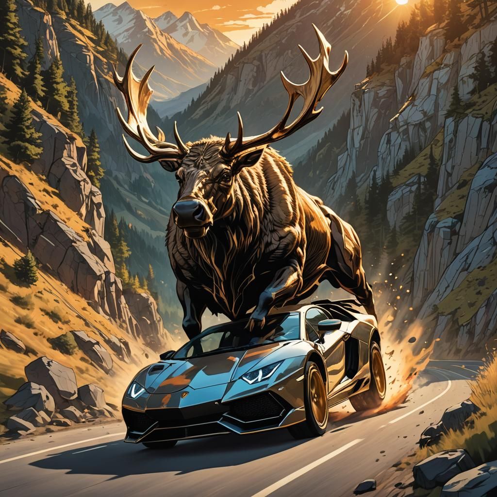 Dynamic Lamborghini Charging Down Mountain Road with Moose A...