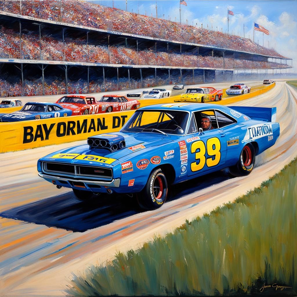 Dodge Charger Daytona on NASCAR Track as Oil Painting