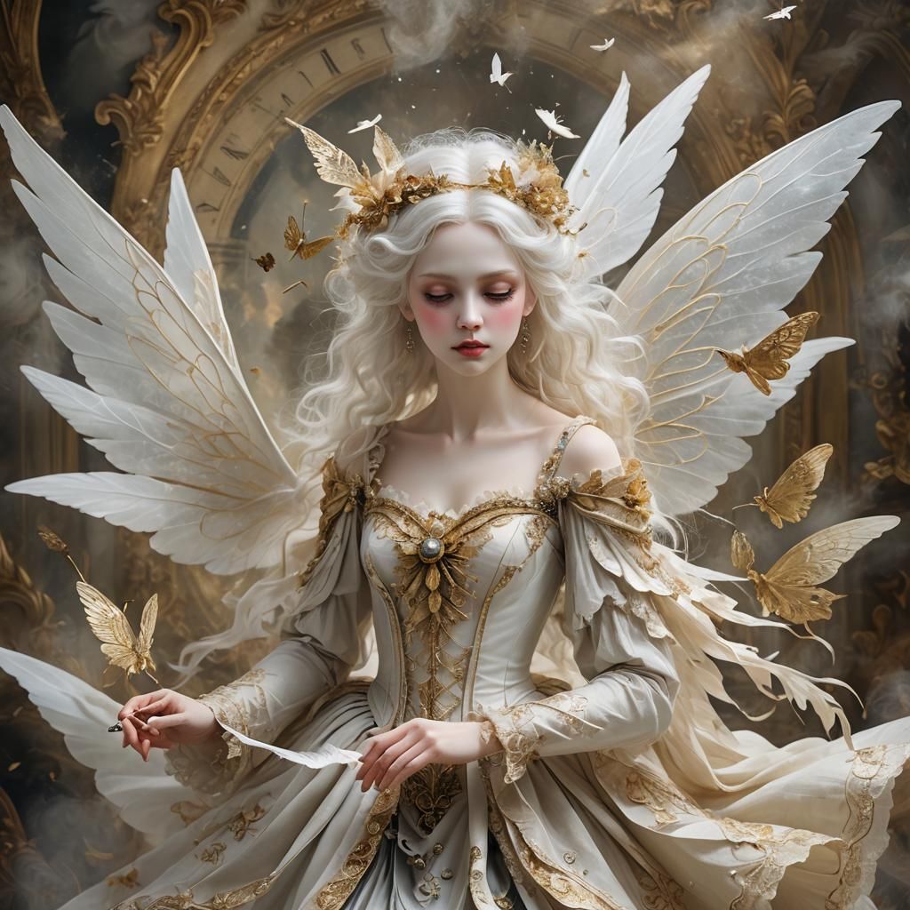 Fairy with Pen Amidst Swirling Sheet Music