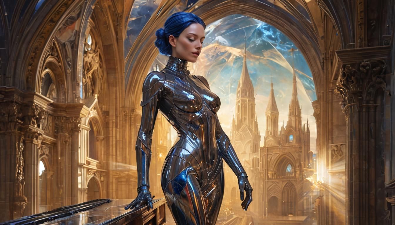 Gynoid Adventuress Plays Synth Organ in Graffiti Art Style