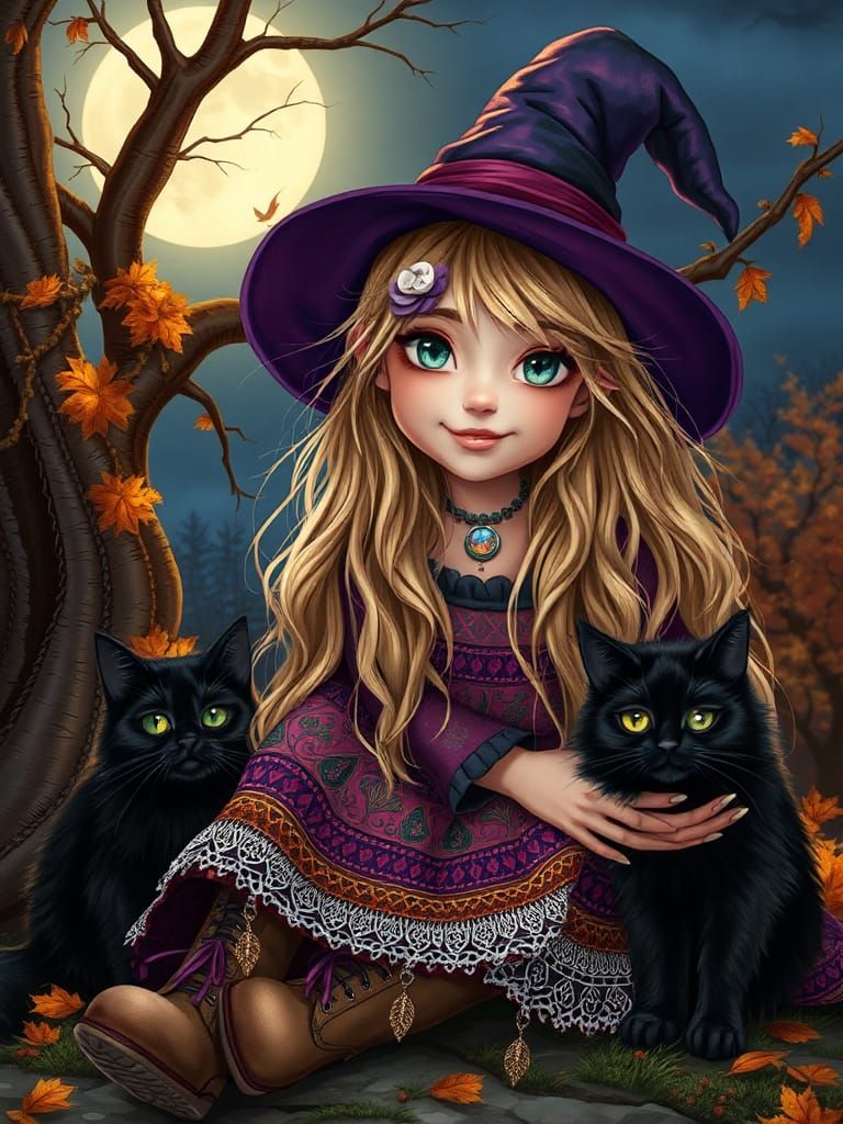 A Ultra Detailed painting of a little girl cute witch long messy blonde hair with purple highlights, green eyes wearing ...