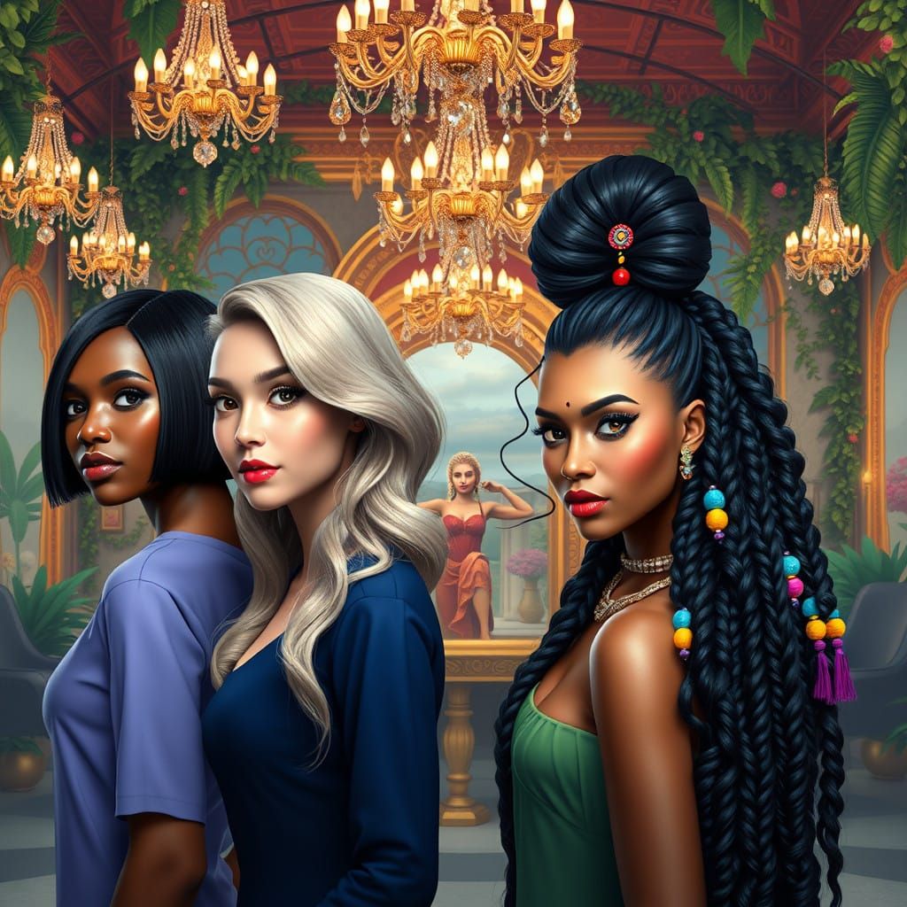 Elegant Hair Styles Unite in Vibrant, Dreamlike Salon Scene