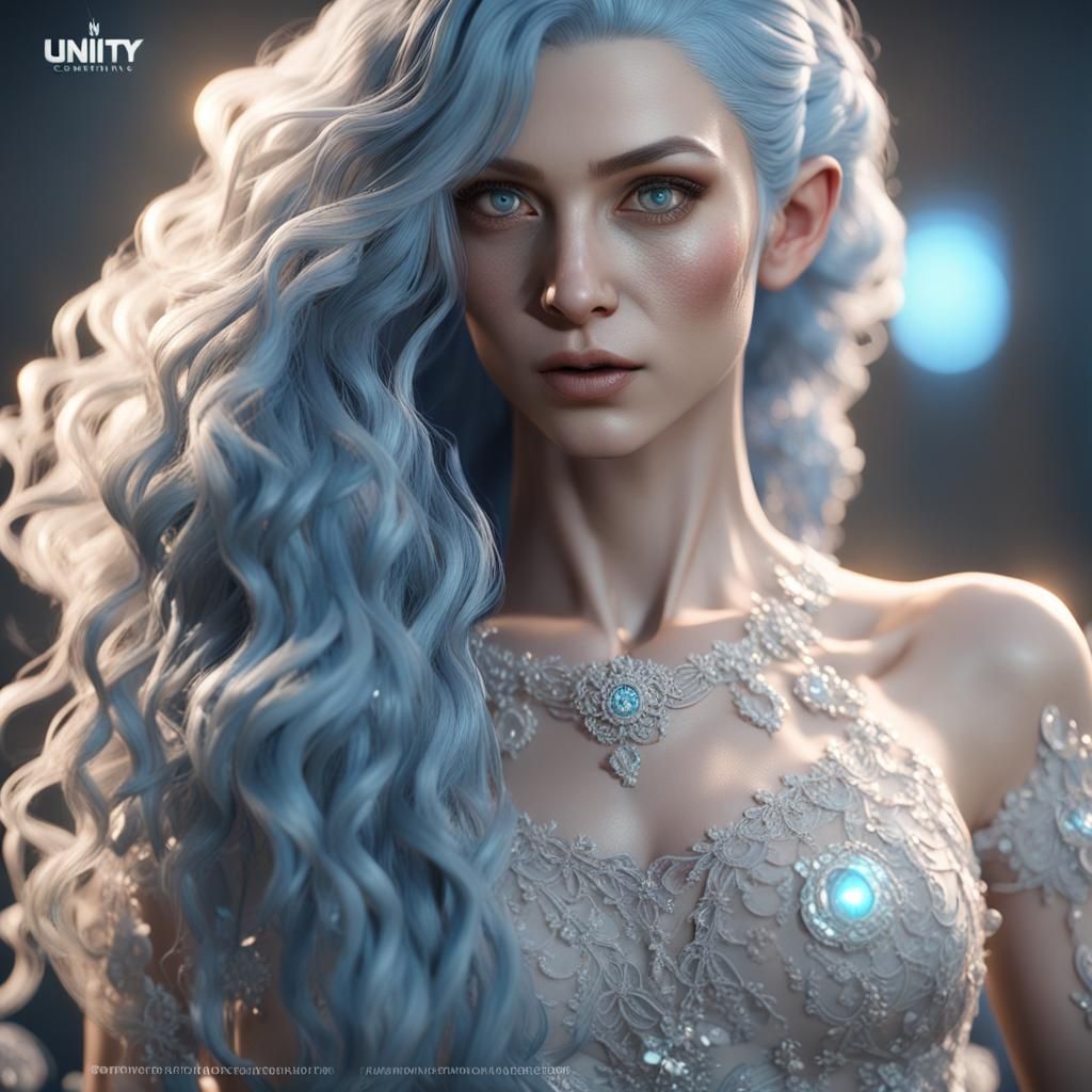 Blue-Haired Woman with Metallic Hair in 3D Style