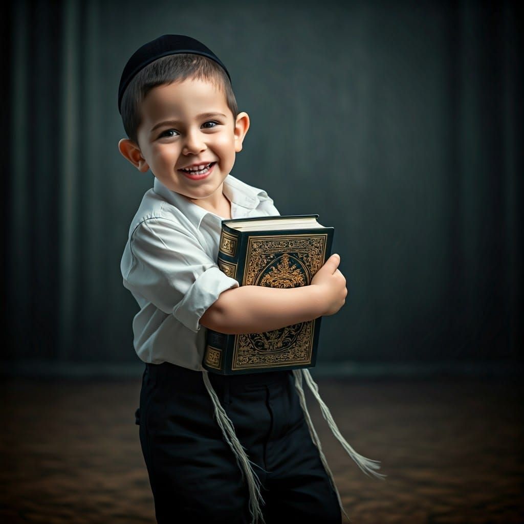 Happy Orthodox Boy Dancing with Torah Book