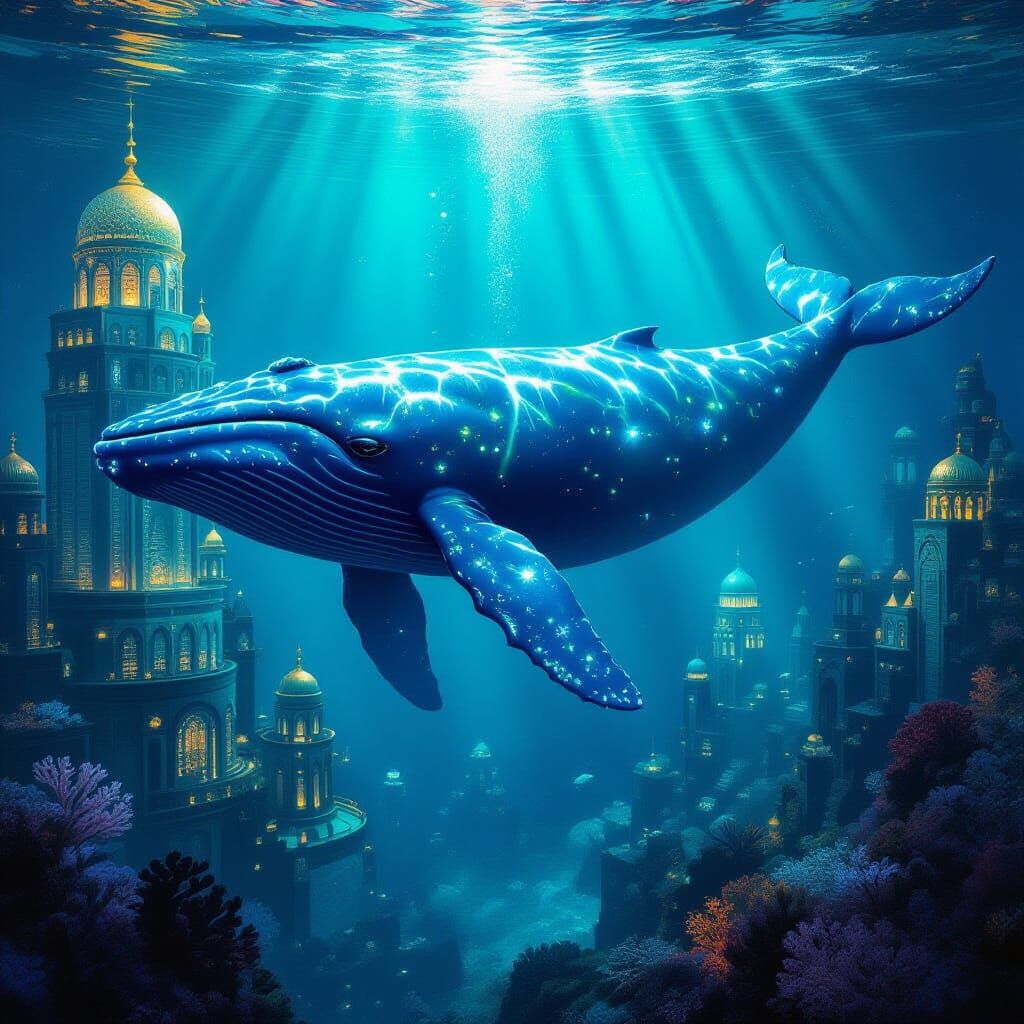 Bioluminescent Whale in Underwater City, Art Nouveau Style