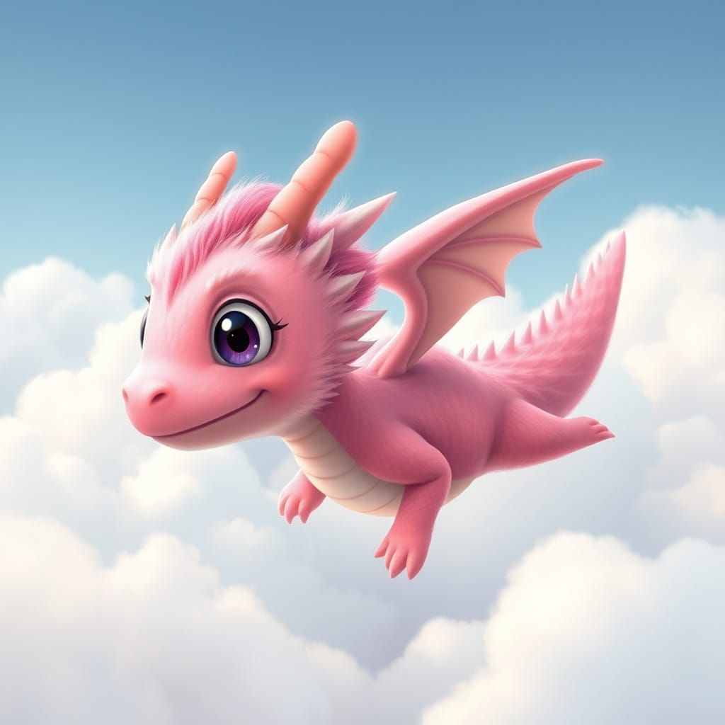 Pink Dragon Flying in Clouds, Realistic and Cute