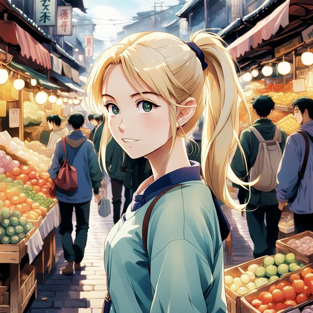 Anime Girl in Bustling Market Key Visual