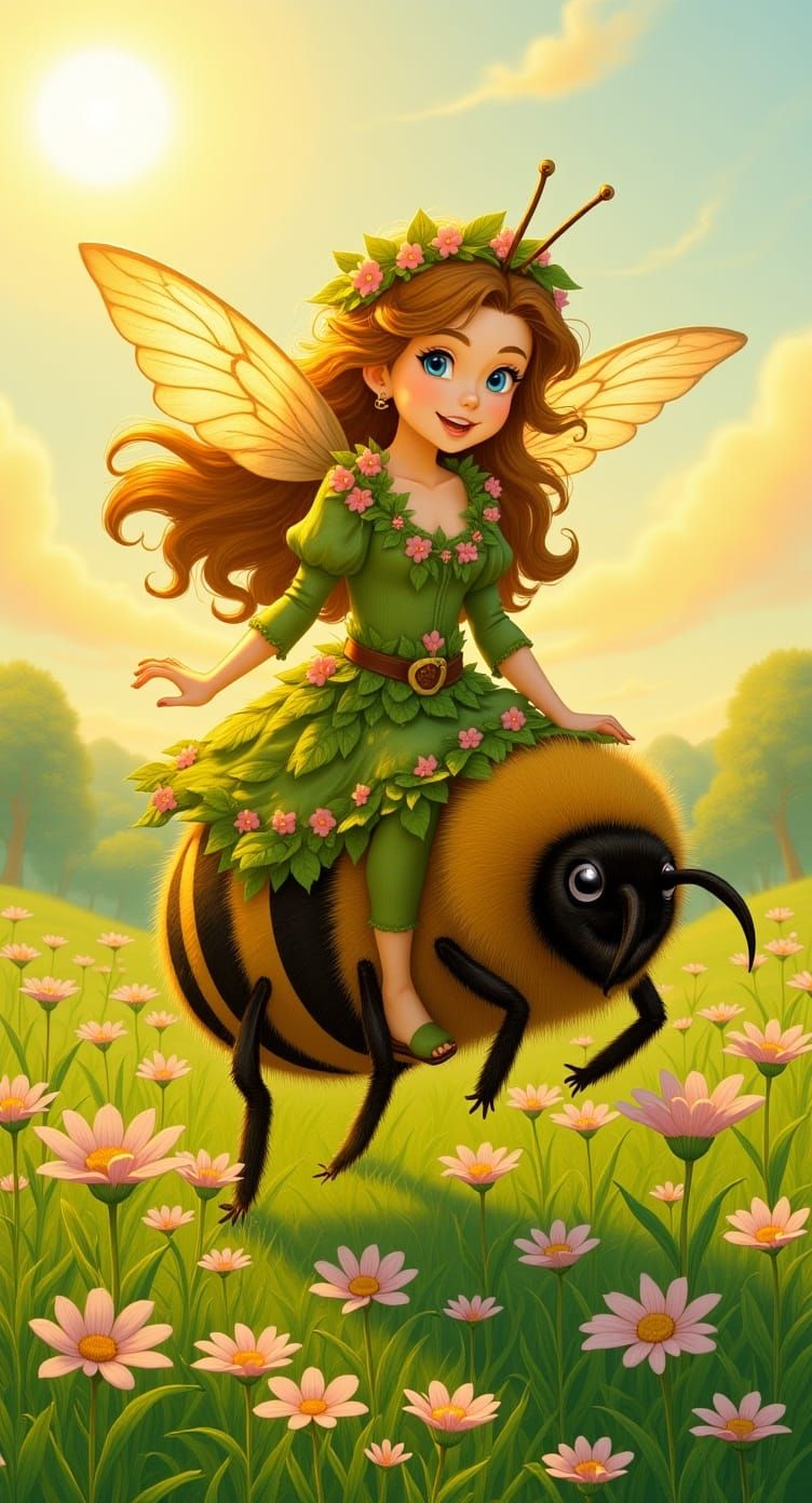 Fairy Riding Bumblebee Through Wildflower Field
