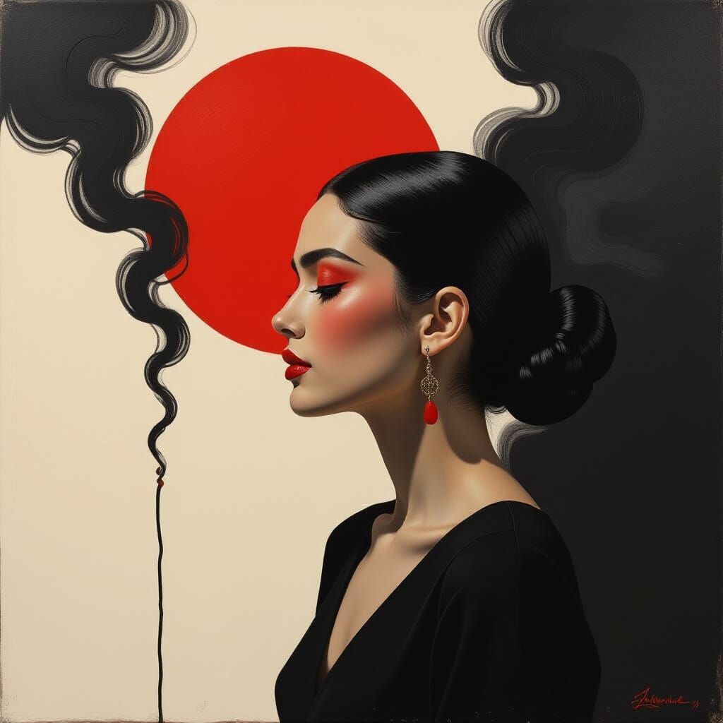 Abstract Portrait: Woman with Crimson Stripe and Sun