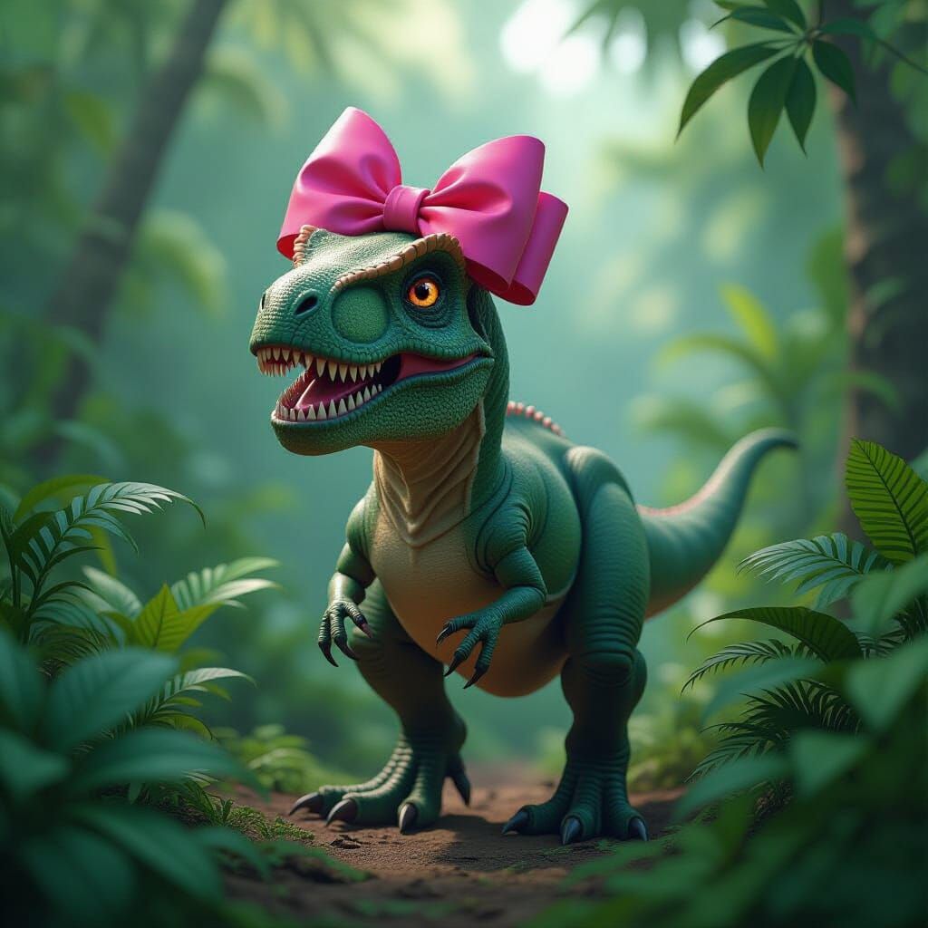 T-Rex in Jungle with Jojo Bow: Matte Painting