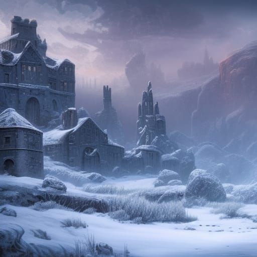 Snowy Landscape with Ruined Castle in Detailed Matte Paintin...