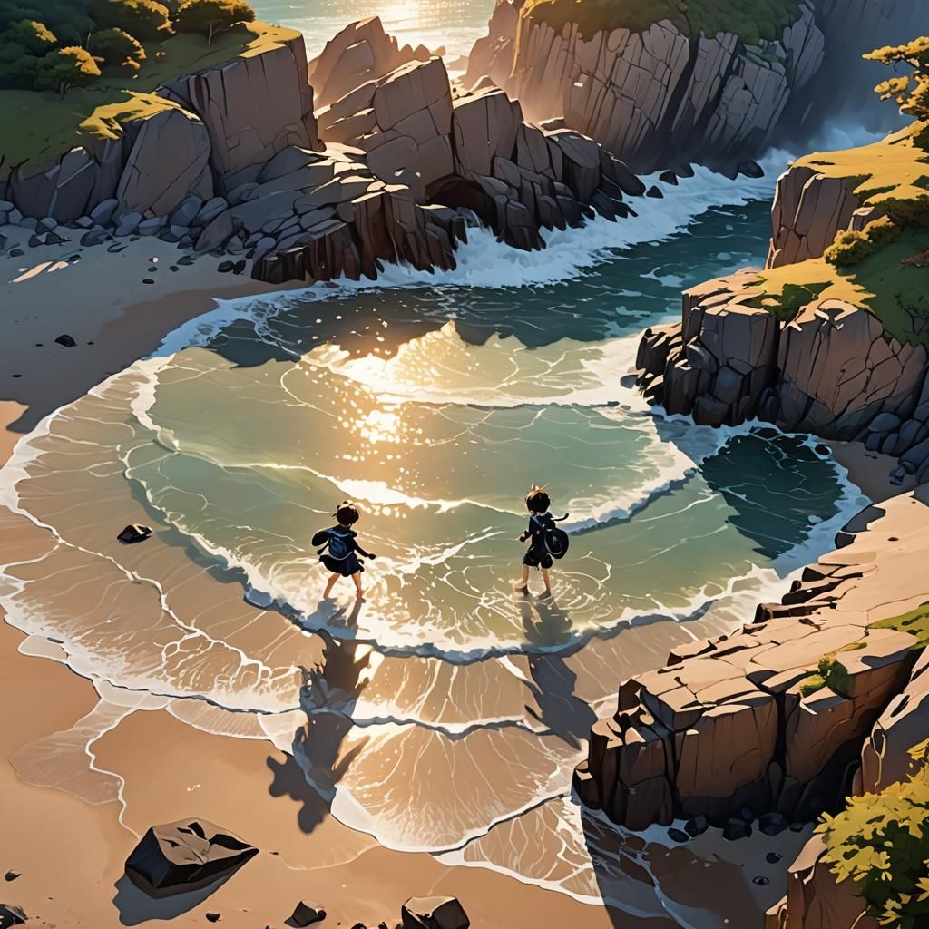 Vibrant 3D Anime Children at Beach Sunrise