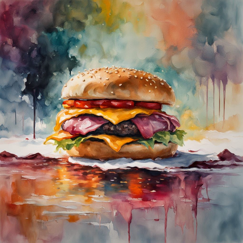 Impressionist Jedi Master Holding a Cheeseburger in Warm Wat...