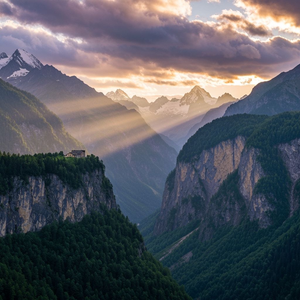 Dreamlike Mountain Valley Sunrise with Golden Light