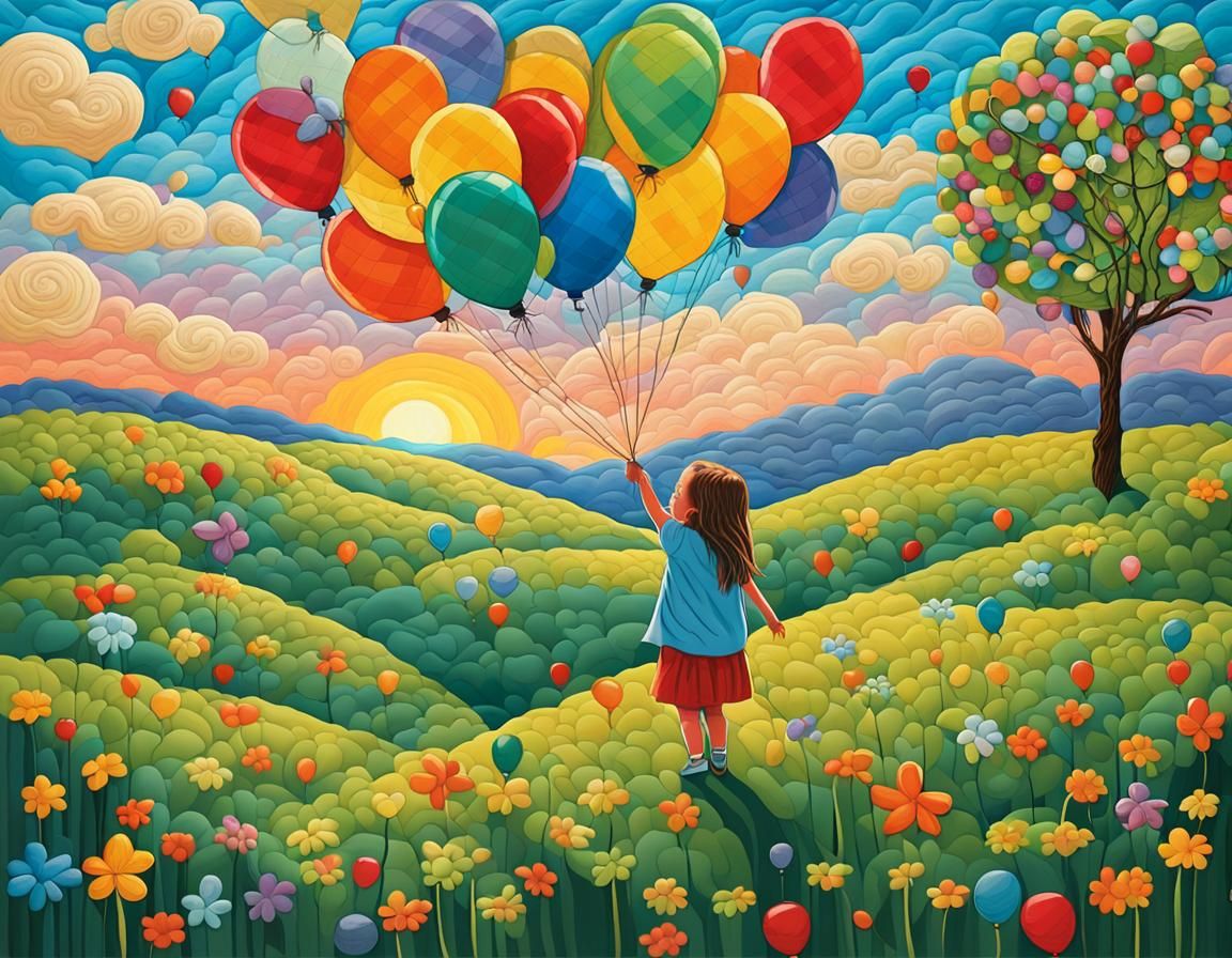 Surreal Girl Lifted by Dreamy Balloons in Vibrant Artistic S...