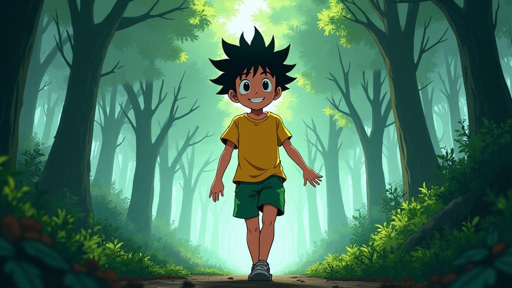 Anime Boy in Misty Forest, Manga Style