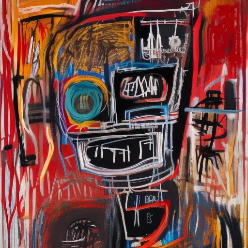 Robot and Human Figures in Basquiat Style