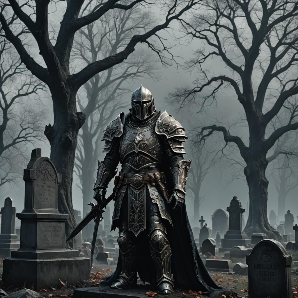 Death Knight in Misty Cemetery: Hyperrealistic Fantasy Art