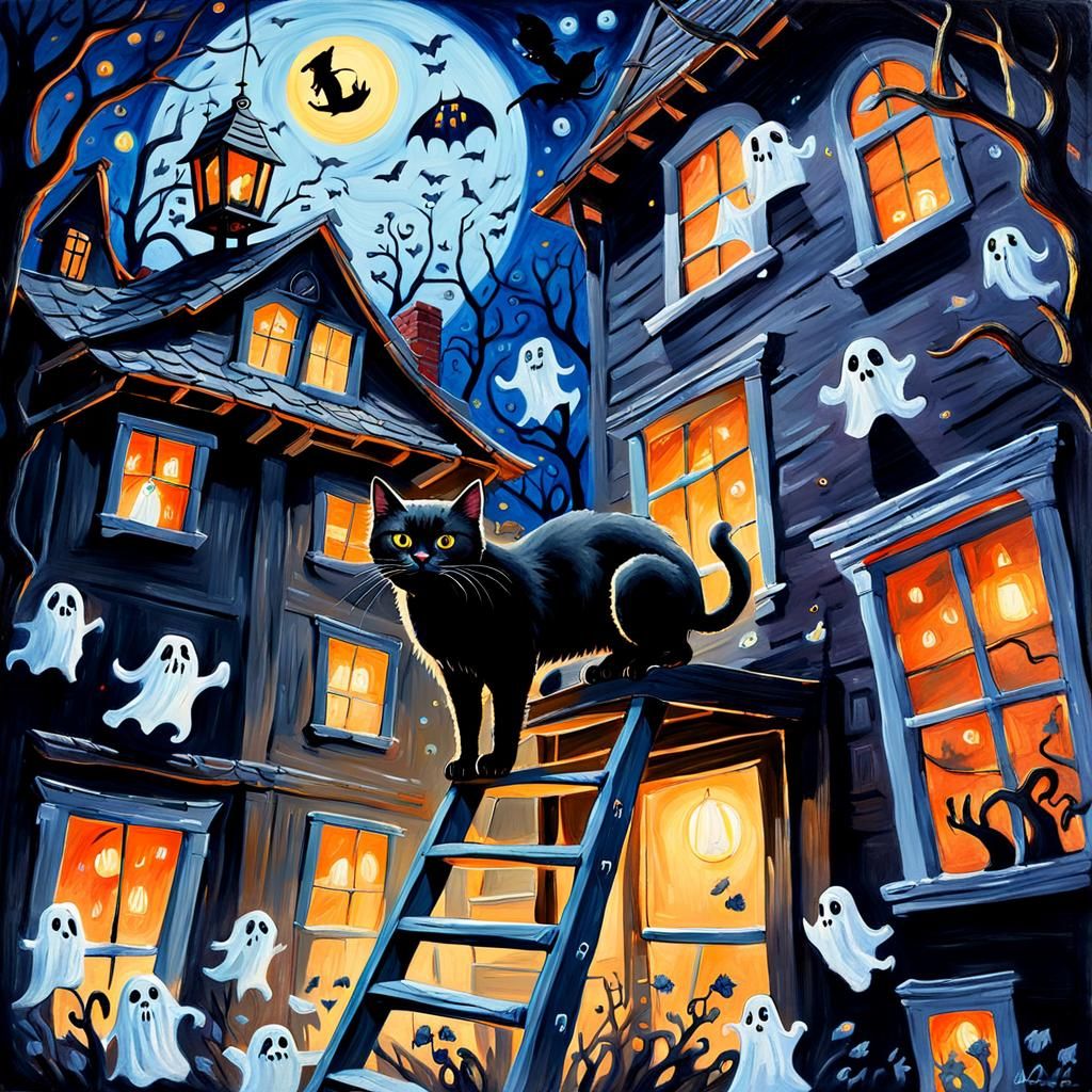 Black Cat Climbs Ladder in Haunted Gouache Painting