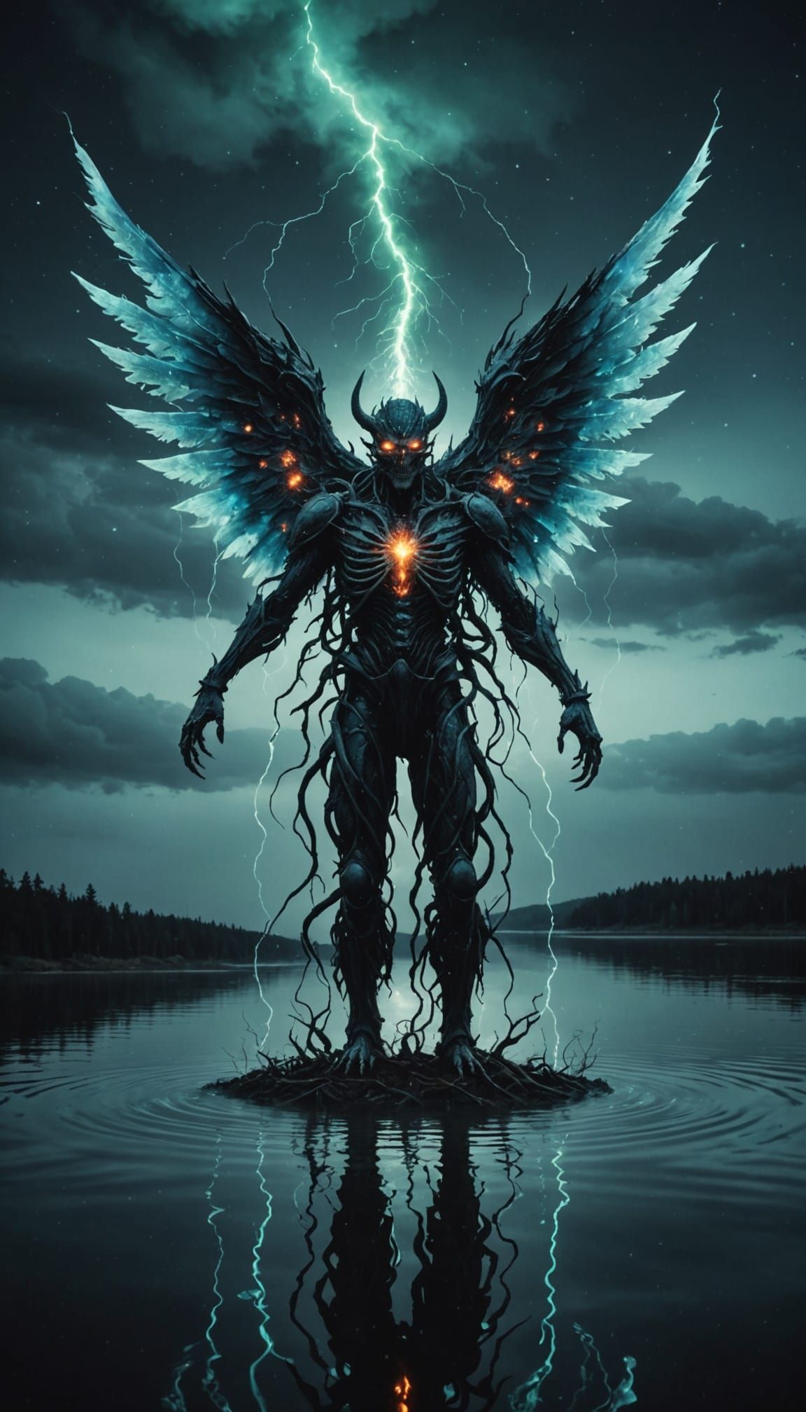 Winged Lake Monster in Surreal Bioluminescent Fractal Style