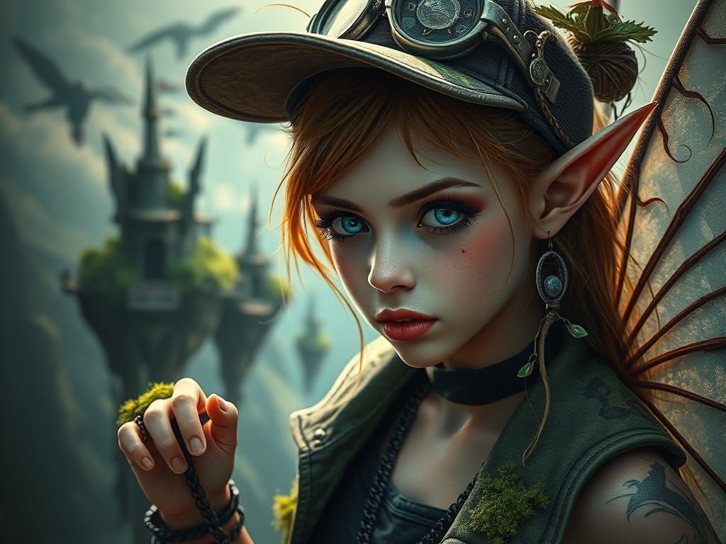 Rebellious Fairy in Urban Streetwear on Floating Islands