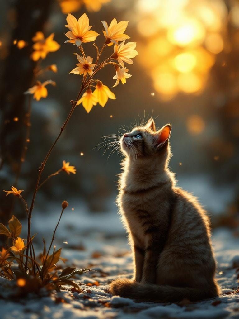 Adorable Cat in Snow with Golden Petals, Luminous Style