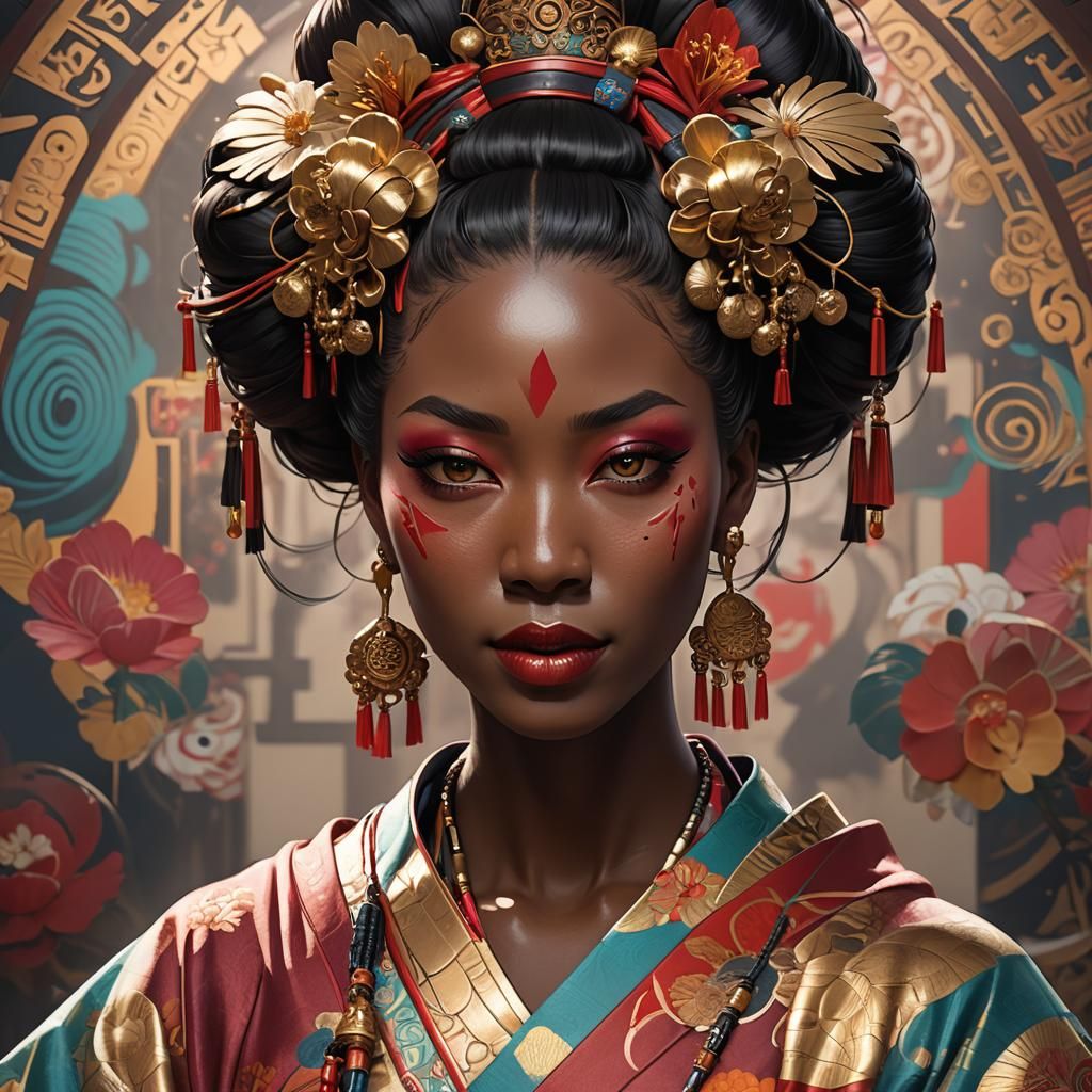 Hyperdetailed Portrait of African Geisha Girl