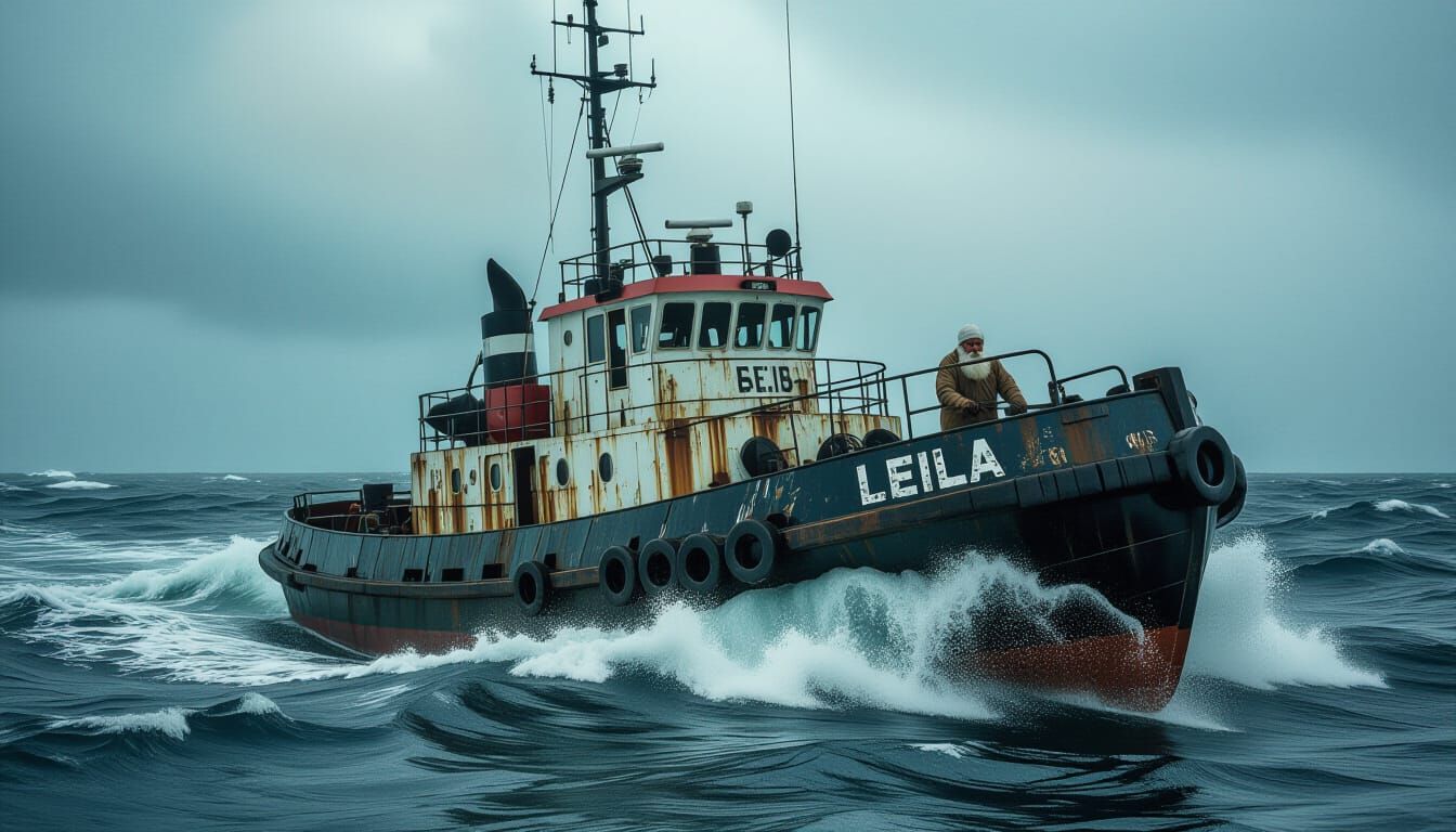 Dilapidated Tugboat Sailing a Stormy Sea