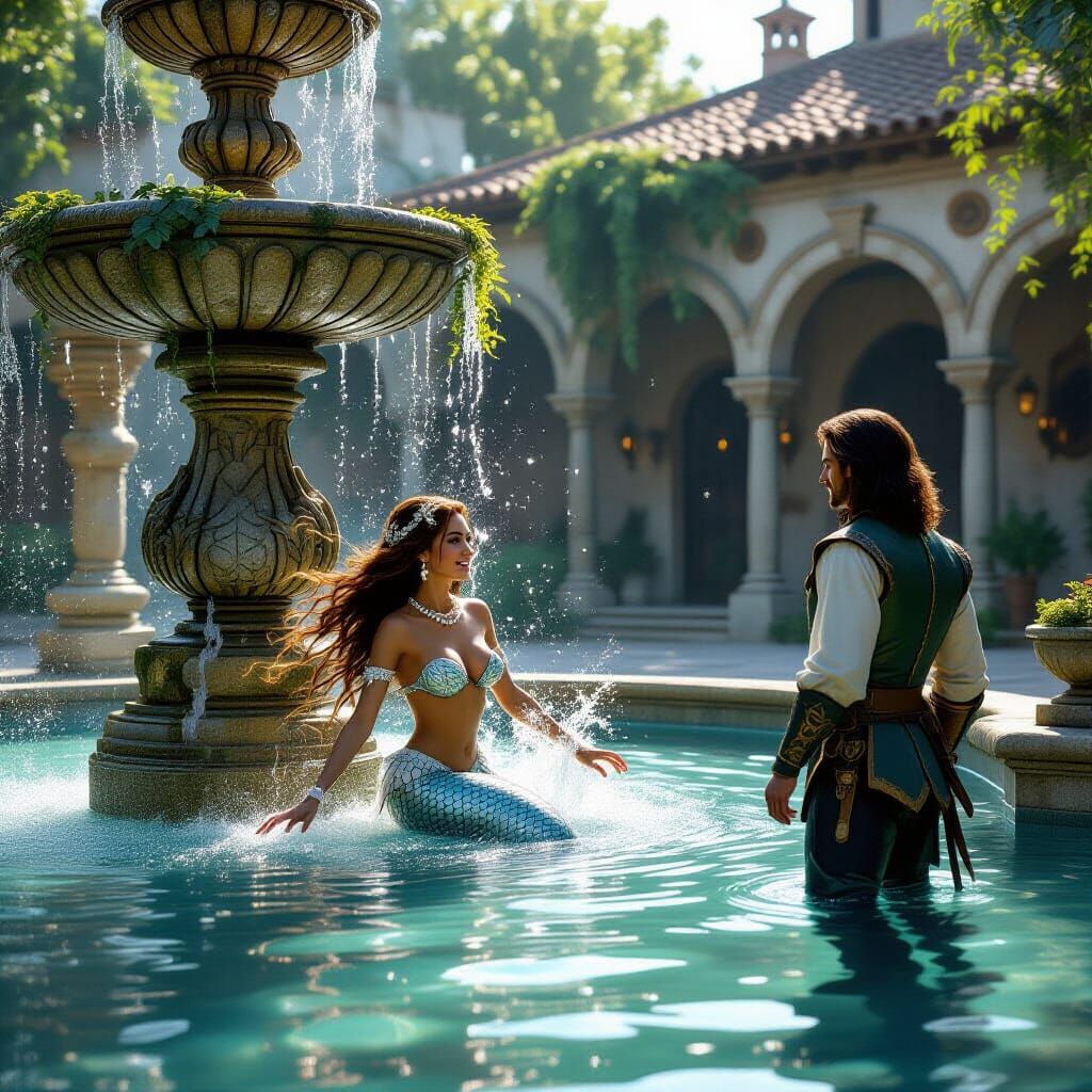 Mermaid in Ancient Fountain, Detailed 3D Art