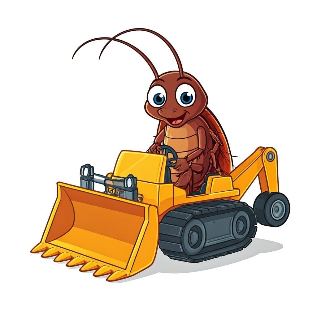 Cockroach Driving Bulldozer in Cartoon Style