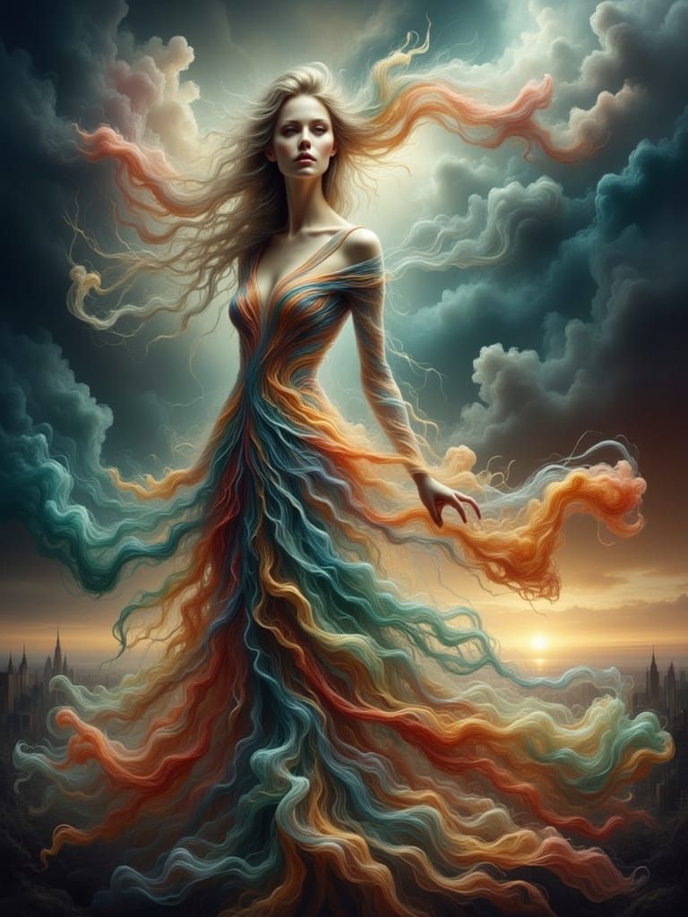 Lady in Dress Unleashes Storm: Abstract Reality