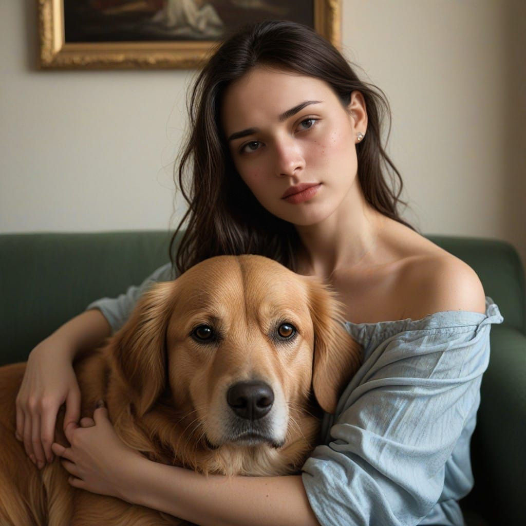 Woman Comforted by Loyal Golden Retriever