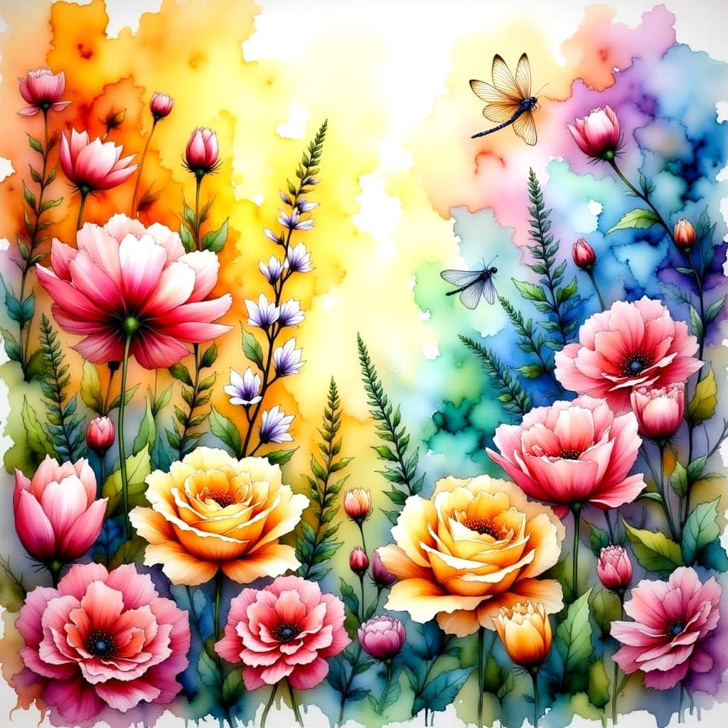 Ethereal Garden Paradise with Vibrant Blooms and Delicate Dr...