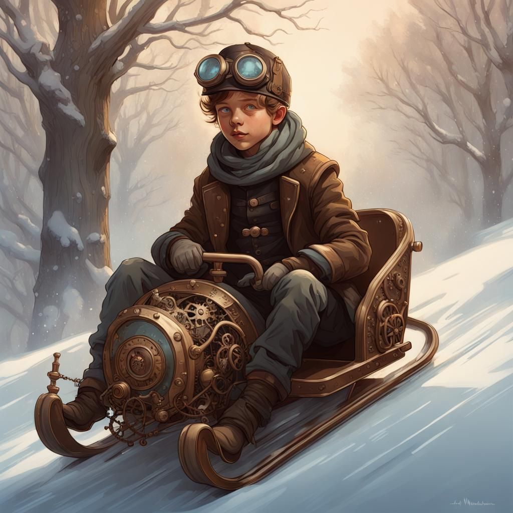 Steampunk Boy Sledding in Winter Wonderland