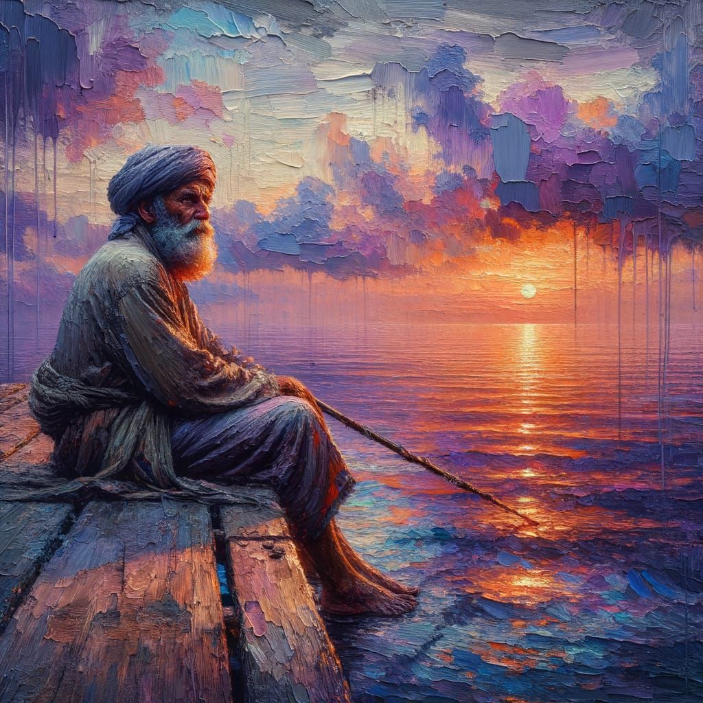 an An old fisherman sits on the dock in the bay, watching the tide roll away at dusk