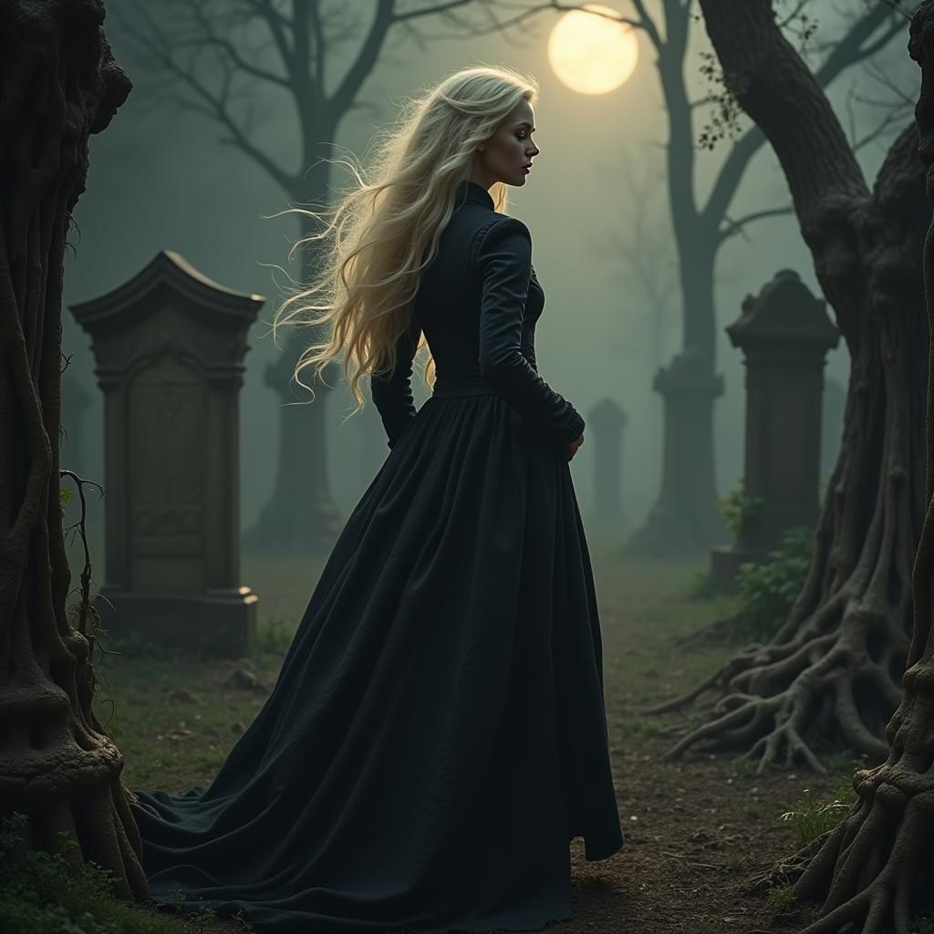 Gothic Woman in Mystical Cemetery, Dark Realism Style